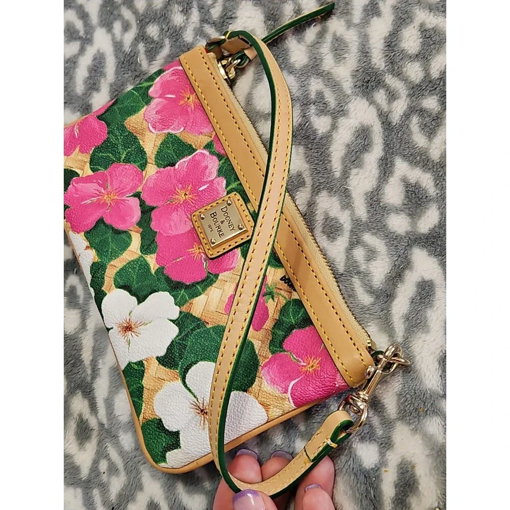 Dooney & Bourke Pink And White Tropical Pansies & Hibiscus Basketweave Wristlet